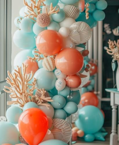 137pcs Moana Birthday Party Supplies, Aqua Blue Coral Pearl Champagne Gold Latex Balloons with Summer Hibiscus Stickers for Tropical Hawaii Luau Tiki Magic Theme Party Supplies