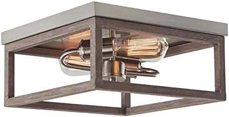 Boswell Quarter 12 in. 2-Light Brushed Nickel Flush Mount with Weathered Wood Accents