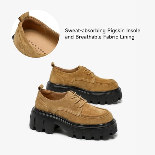 Image of BEAU TODAY Platform Oxfords for Women, Leather Chunky Lug Sole Dress Shoes | Genuine Cowhide Upper, Pigskin Lining, Lightweight Non-slip Foam Rubber Sole, Heel Pillow Design, Formal Office or Daily Wear