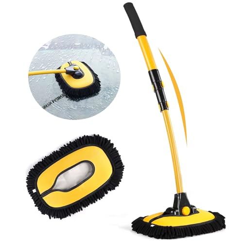 alouweekuky 21° Courbe Brosse Lavage Voiture Brosse Telescopique de Nettoyage, Balai Telescopique équipée d'une tête de Balai en Microfibre Douce, Adaptée pour Voitures, Caravanes, SUV, Camions