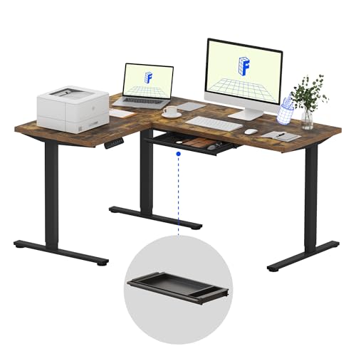 Image of FLEXISPOT L Shaped Standing Desk, 63 x 47 Inch Electric Height Adjustable Corner Desk, Sit Stand Computer Workstation, Preset Controller, Home Office, Black Frame with Rustic Brown Top, Black Drawer