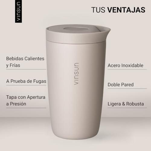 Miniatura 2 de Vinsun Taza Térmica Café Para Llevar 350ml - A Prueba De Fugas, Doble Pared, Acero Inoxidable, Bebidas Calientes Y Frías - Vaso Termico Con Cierre Quick Press