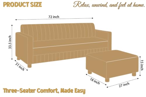 Image of 3 Seater Velvet Sofa with Ottoman | Modern Upholstered Couch | Comfortable Living Room Sofa | Durable & Stylish Seating for Home, Office & Guest Room - Golden Color