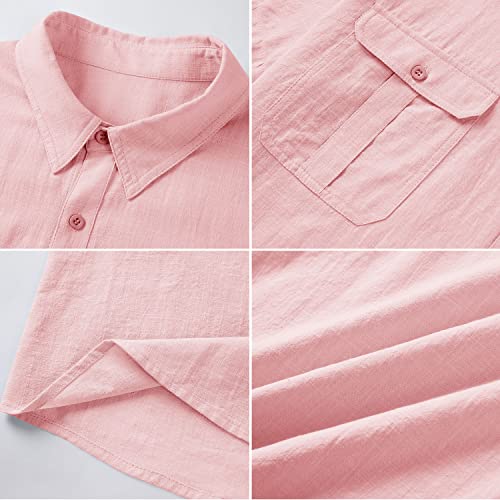 Pengfei Mens Short Sleeve Shirts Linen Cotton Button Down Tees Spread Collar Plain Shirts A-Pink #TOP2