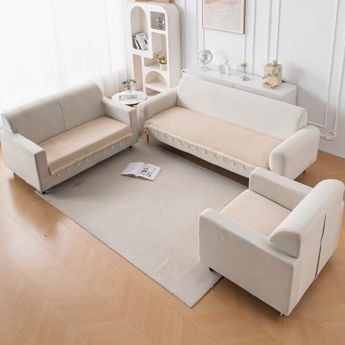 Image of HOKIPO 'Serenity Tassel' Chenille Sofa Cover 6 Seater Set with Tassels - Washable 3+2+1 Sofa Cover Mat | Ivory Fringe (IN-890 + IN-891 + IN-892 - BGE)