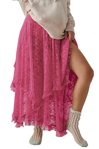 R.Vivimos Women Lace Long Skirts Summer Elastic Asymmetrical Layered Hem Sexy See-Through Beach Floral Maxi Skirts