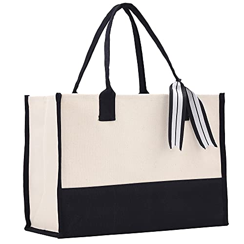 Bolso tote personalizado VANESSA ROSELLA con monograma inicial, 100 % algodón, dos tonos, estilo chic — Negro miniatura 1