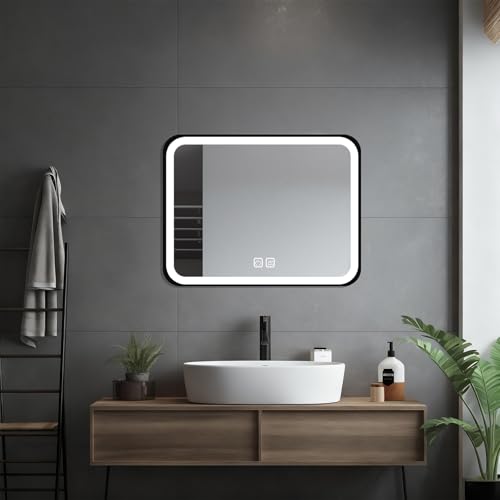 HIGHBATH 40 x 60 cm Large Lighted Vanity Mirror with Dimmable 3 Modes and Demister Pad, LED Makeup Mirror for Bathroom ＆ Dressing Room, Tabletop or Wall-Mounted,Horizontal/Vertical, Black