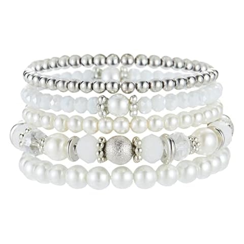 Noessla Beaded Pearl Stretch Bracelet Silver Stackable Crystal Beads Bracelets Trendy Costume Jewelry Mothers Day Gifts for Women(White) Cover