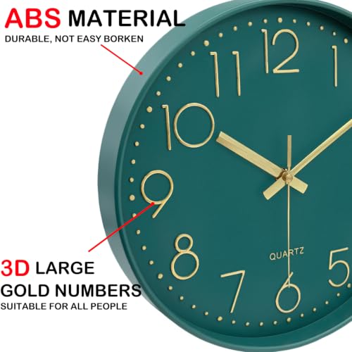 Image of Modern Silent Wall Clock, 14 Inch Wall Clocks Battery Operated | Large Number, Non-Ticking Analog Clock with Tempered Glass Quartz Clocks for Living Room Bedroom Office Kitchen, Dark Green