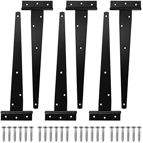 T-Hinge Justech 6PCs 12" Tee Shed Hinge Set T-Strap Hinges Black Forged Metal Iron Gate Door Barn Hardware with Screws