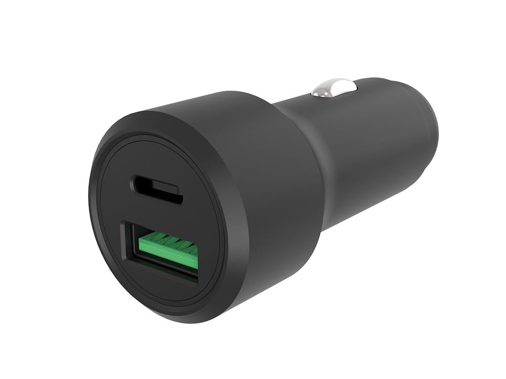 HQ-Power Szybka ładowarka samochodowa, 1x USB-A QC i 1x USB-C PD, do laptopa, tabletu lub smartfona, bezpieczna i ultrakompaktowa, 38W, obudowa aluminiowa, czarna