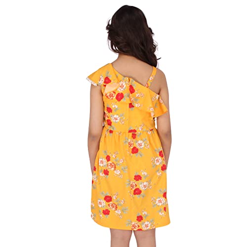 Image of Cutecumber Girls Polyester Floral Printed Mustard Dress. CC6174D-MUSTARD