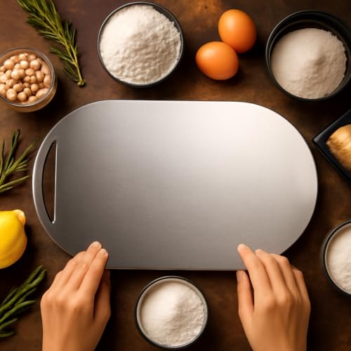 Image of Stainless Steel Oval Cutting Board - Heavy Duty, Anti-Rust, Non-Slip, Food Grade Chopping Board for Vegetables, Fruits, Meat, Bread & Dough - Durable, Safe & Unbreakable Kitchen Essential