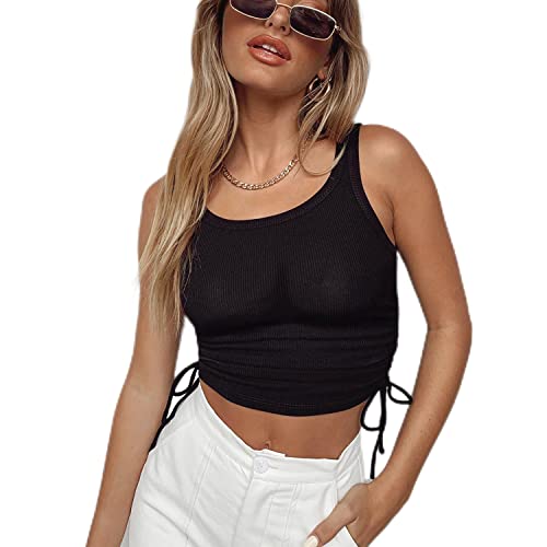 4How T-shirt d'été à manches courtes pour femme - Avec cordon de serrage latéral - En coton côtelé - Noir, Noir , XXL Cover