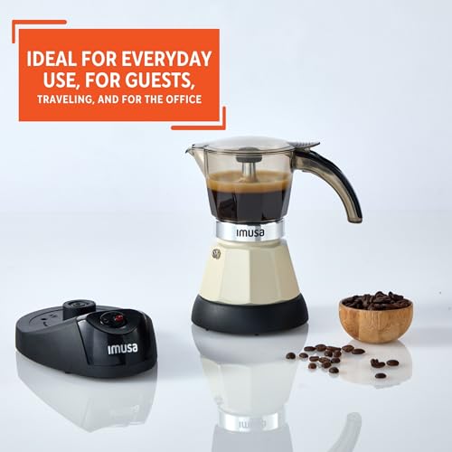 Image of IMUSA 3 or 2 Cup Electric Almond Espresso Maker, Compact Moka Coffee Machine with Keep Warm Function, Detachable Base, Milk Coffee Brewer for Cuban, Italian & Espresso Drinks