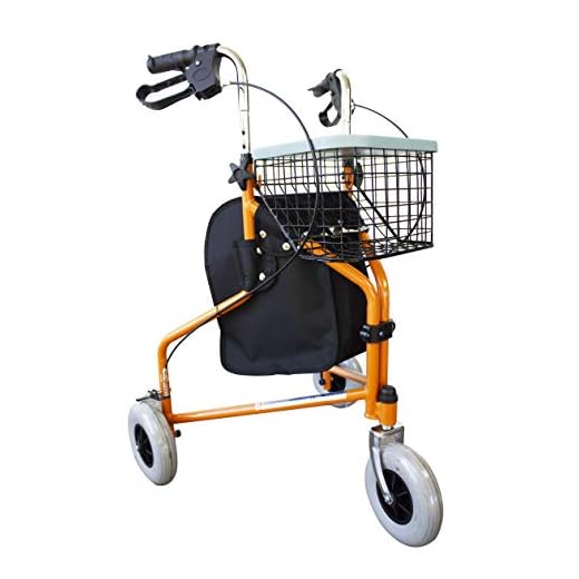 Mobiclinic®, Foldable Walker, 3 Wheels, Caleta, Basket with lid and Bag, Brakes on Handles, Height Adjustable, Spanish Brand, Lightweight, manoeuvrable Structure, Small Wheels, Orange
