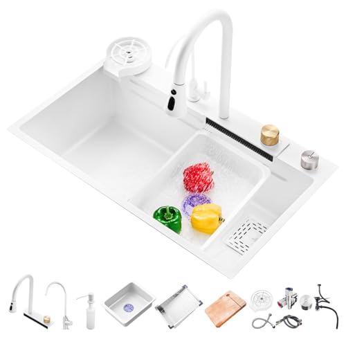 Fregadero de cocina con grifo de cocina multifuncional, fregadero de acero inoxidable con lavavajillas para tazas, fregadero de cocina en cascada, color blanco con juego completo de accesorios (75 x