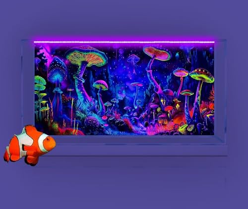 Image of 60X24IN Blacklight Mushroom Black Light Aquarium Background UV Reactive Background Starry Sky Terrarium Mushroom Theme Background with 10 EVA Double-Sided Tape