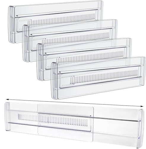 Yowlens 4 Pack Adjustable Drawer Dividers, 11.3-20 Clear Expandable Drawer Organisers for Clothing, Kitchen Utensils and Office Storage