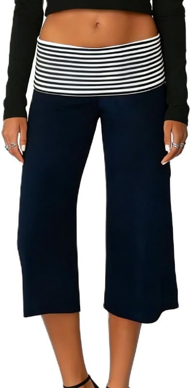 ROAONOCOMO Women’s Fold Over Gauchos Pants Low Rise Cropped Capris Pants Foldover Wide Leg Yoga Culotte Pajama Bottoms