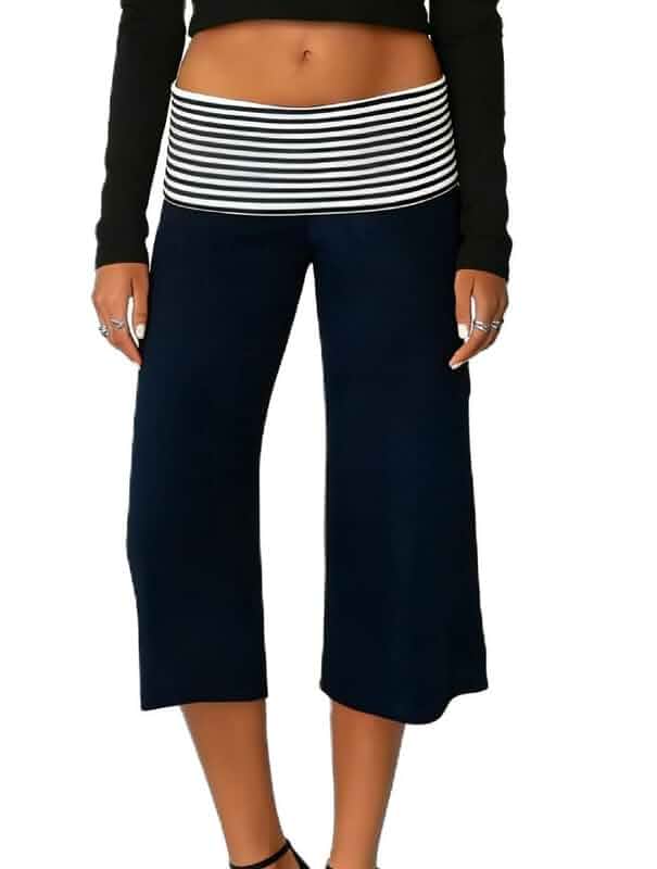 ROAONOCOMO Y2K Fold Over Waist Striped Wide Leg Gaucho Pants Women Low Rise Cropped Culottes Pants Soft Capri Trousers