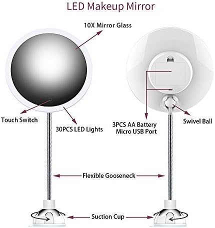 XINBAOHONG LED Lighted Makeup Mirror 10X Magnifying Vanity Mirror with 360 Degree Swivel Rotation Flexible Gooseneck and Locking Suction Cup