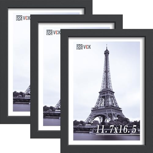 Image of VCK A3 Solid Wood Picture Frame - Black 11.7x16.5 Poster Frames with Wall Mounting Hanging Set of 3