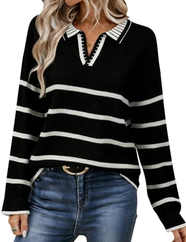 Women's Polo Sweater Long Sleeve V Neck Striped Collared Pullover Fall Sweater Tops 2025