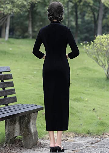 BooW Women's Elegant Velvet Cheongsam Qipao Dress Chinese Mandarin Collar Side Slit Maxi Dress (907# Black, Medium)