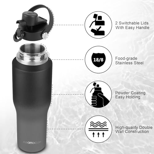 Image of ABOTOCUP 32oz Water Bottle Insulated with Powder Coated, Fit in Any Car Cup Holder, Water Bottles with Straw and Spout Lids, Stainless Steel Insulated Double Wall Leak-proof BPA Free to Keep Cold&Hot