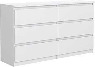 Commode 6 Tiroirs Blanc 120 cm - Design Minimaliste - 120 x 39 x 78,5 cm - Meuble de Rangement Spacieux pour Chambre, Salon ou Bureau