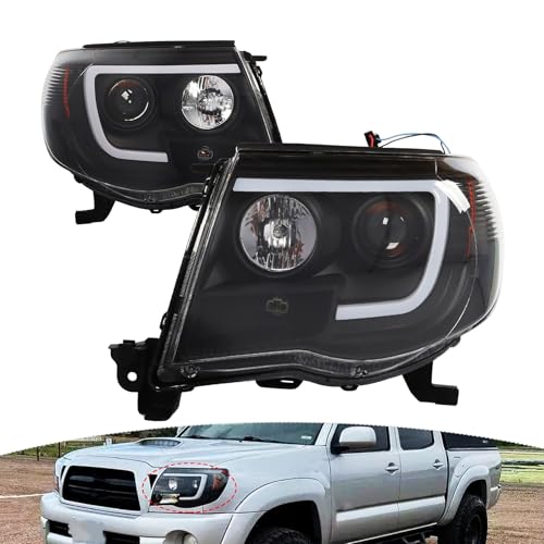 OsyphereX Passenger & Driver Side Headlight Assembly Compatible with Tacoma 2005 2006 2007 2008 2009 2010 2011 Projector Headlamp Black Smoked 8111004160 8111004163 Left & Right