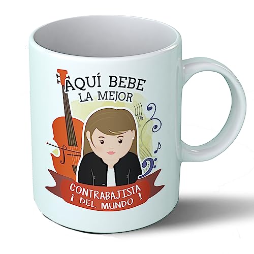 Planetacase - Taza Contrabajista - Regalo Original - Cerámica Alta Resistencia 330 mL - Apta Microondas y Lavavajillas - Ideal Música y Músicos, Contrabajista, Ella