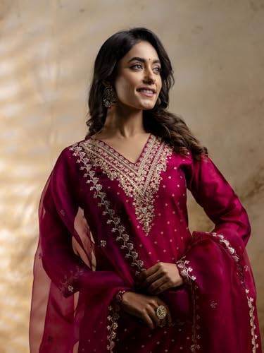Image of VredeVogel Women's Chanderi Silk Embroidered Kurta with Pant & Organza Dupatta Set | Casual Outfit Ethnic Kurta Set for Women | Modern & Traditional Blend Ethnic Wear