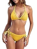 AFUL Women's Halter Triangle Bikini Set Crochet Boho Floral Swimsuit Cut Out Tie Side Two Piece Bathing Suit Yellow S