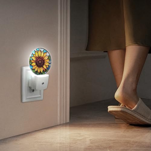 Image of Round LED Night Lights Lamp with Dusk to Dawn Sensor, Yellow Sunflower in The Center Night Light Plug Into Wall for Kids Room, Bedroom, Bathroom, Kitchen, Hallway