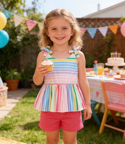 Image of Toddler Girls Clothes Summer Short Set Outfit Tie Knot Shoulder Sleeveless Ruffle Tops and Shorts 2PC Clothing Set