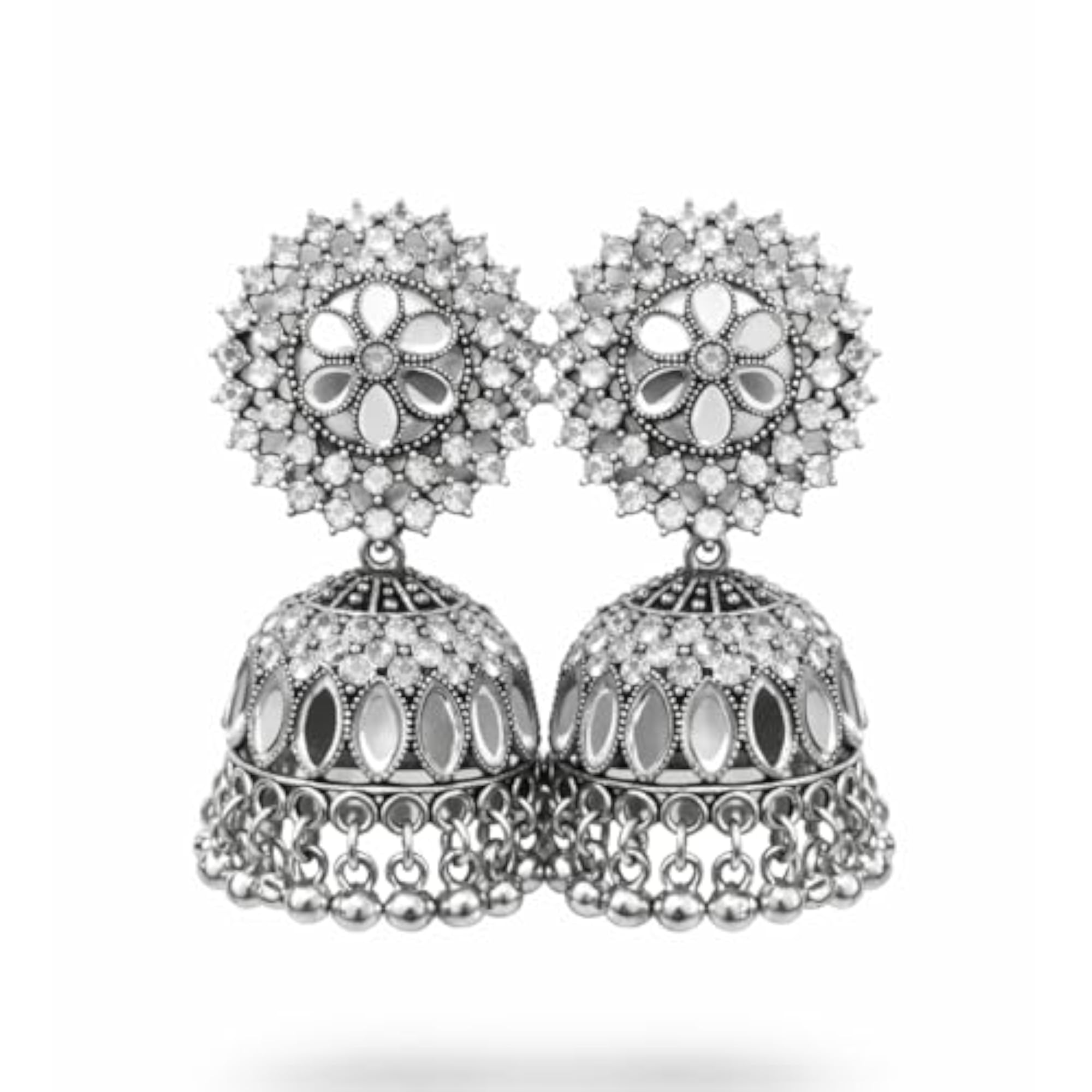 Women's Oxidized Jhumka Earrings with Mirror Stone Studs