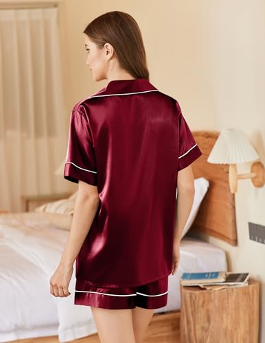 Image of Ekouaer Womens Silk Satin Pajama Sets Two Piece Loungewear Button Up Sleepwear Soft Nightwear Pjs Shorts Set Wine,Medium