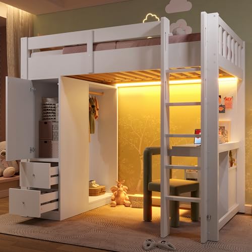 Huayz Cama alta 90 x 200 con escritorio, mucho espacio de almacenamiento, 4 cajones y armario de almacenamiento, armario abierto, cuna con protección anticaídas, luz LED y USB, sin colchón