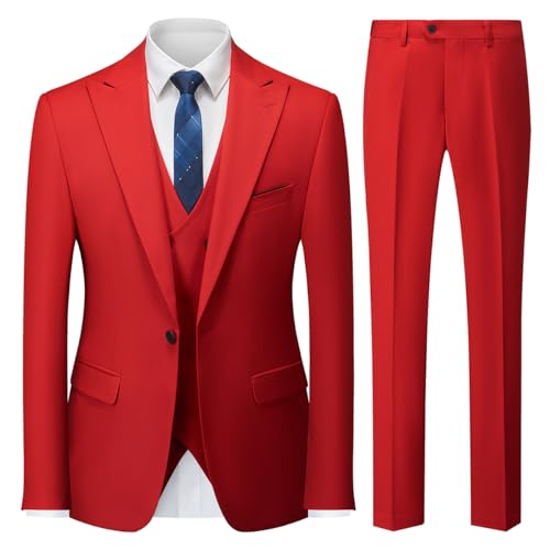 MODFUL Traje de hombre de 3 piezas, corte ajustado, smoking de un botón, con blazer de boda, chaleco y conjunto de pantalones, rojo, XL