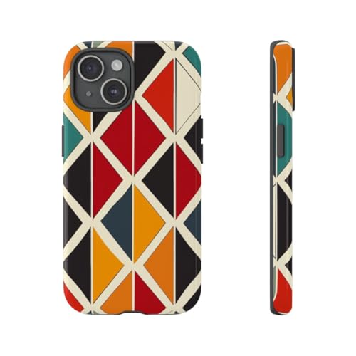 Coque iPhone 15 rigide brillante orange avec motif géométrique coloré