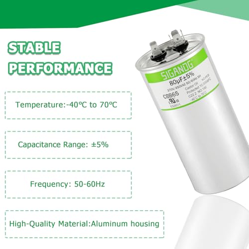 SIGANDG 80uF 80 MFD 370V or 450V CBB65 Run Start Capacitor 80 uF 370 450 Volt VAC for Condenser Straight Cool or Heat Pump Air Conditioner - Thumbnail 3