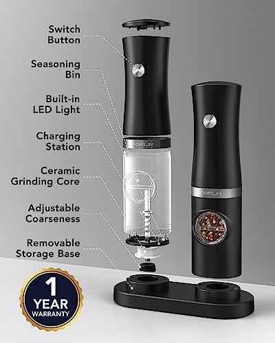 Forlim Rechargeable Electric Salt And Pepper Grinder Set With Charging Base, Automatic Pepper Mill, Adjustable Coarseness, White Led Light, Usb Type-C Cable, One Hand Operation, 2 Mills #TOP6
