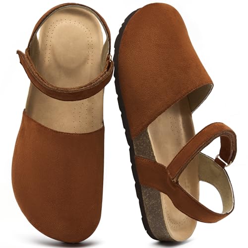Ecetana Closed Toe Sandals for Women Comfort Cork Footbed Flat Sandals