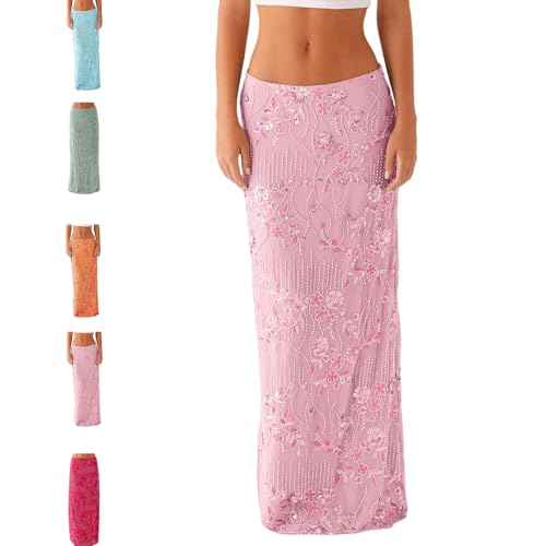 Women Y2K Sequin Long Skirt Low Waist Sparkle Rhinestone Floral Maxi Skirt Night Out Party Glitter Long Skirt