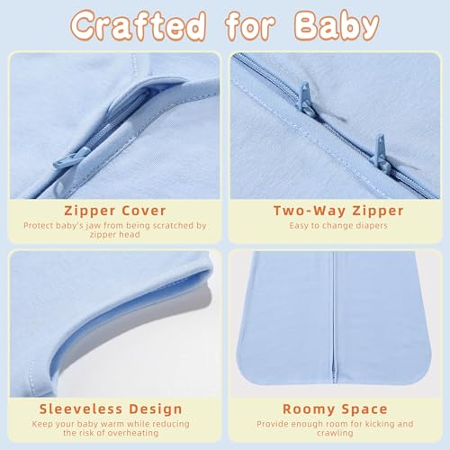 Image of DaysU Cotton Baby Sleep Sack, Sleeveless Baby Sleeping Bag with Two-Way Zipper, Solid Color Baby Wearable Blanket for Newborn Baby Boys 6-12 Months, 1-Pack, Blue, 0.5 TOG