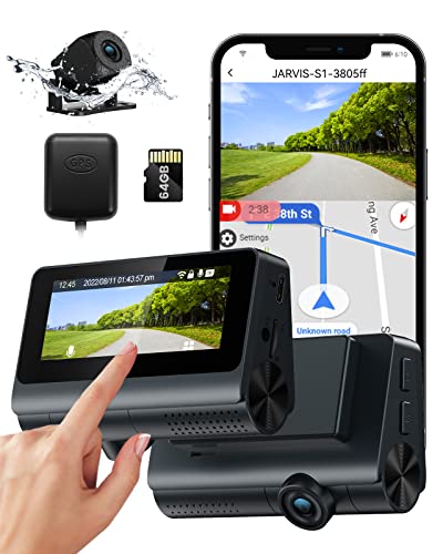 Dash Cam Front and Rear with 64GB Card, 3.18" Touch Screen with GPS, 4K Dual Dash Camera for Car, Dashboard Camera 150° Angle Backup Camera with Sony Sensor Night Vision G-Sensor Parking Monitor