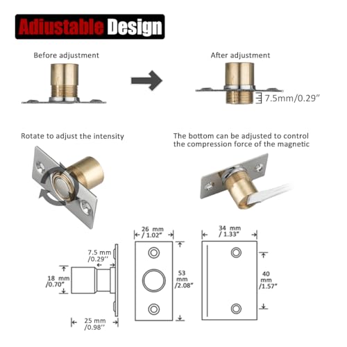Image of JQK Closet Magnetic Door Ball Catch Hardware, 430 Stainless Steel Catch Adjustable with Strike Plate, Polished Steel Finish 2 Pack, HBC120-BN-P2